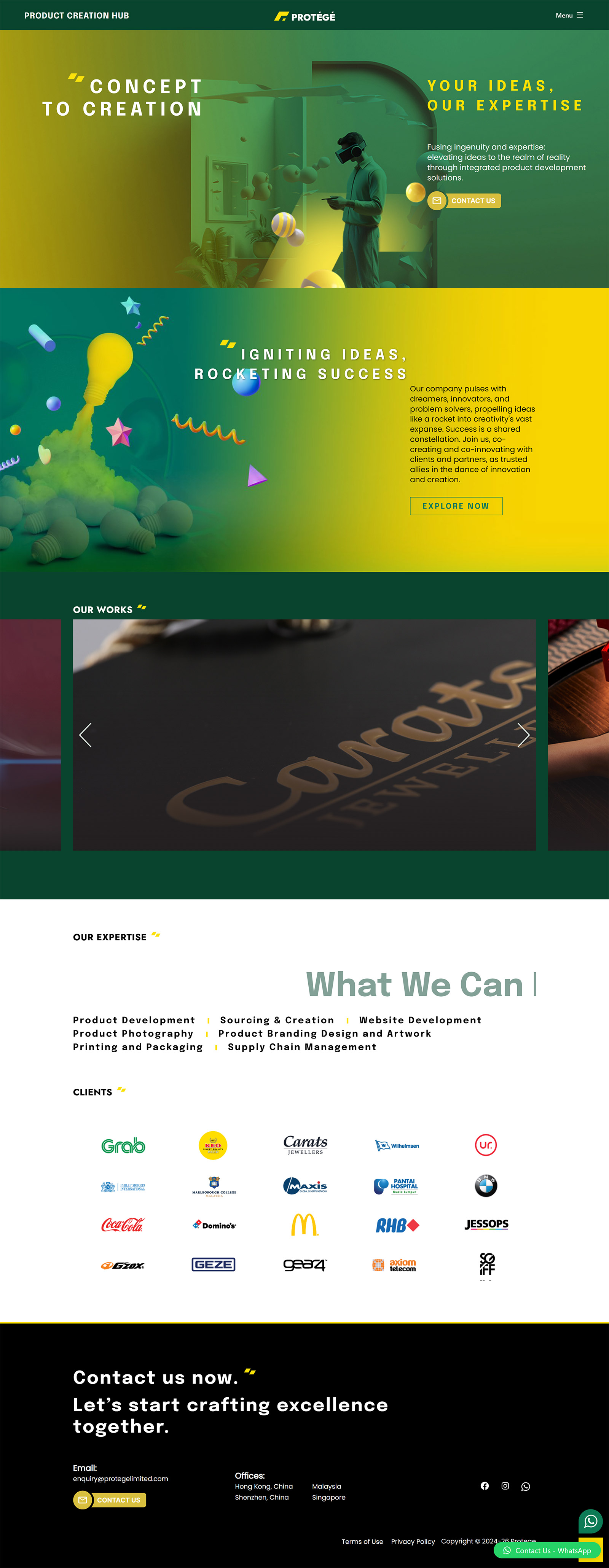 Protégé product creation hub website — bold brand design with works carousel, expertise, and client logos
